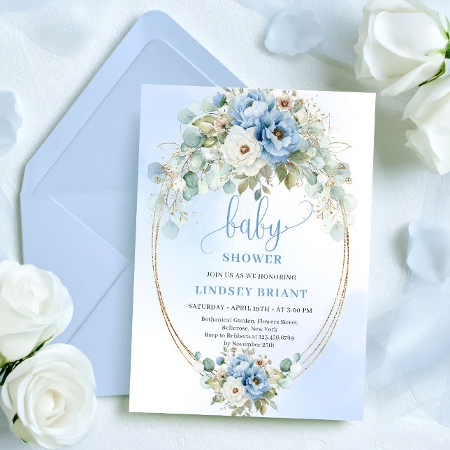 Invitation Luxury Boho Dusty Blue Greenery Gold Baby Shower (Luxury Boho Dusty Blue Greenery Gold Baby Shower)