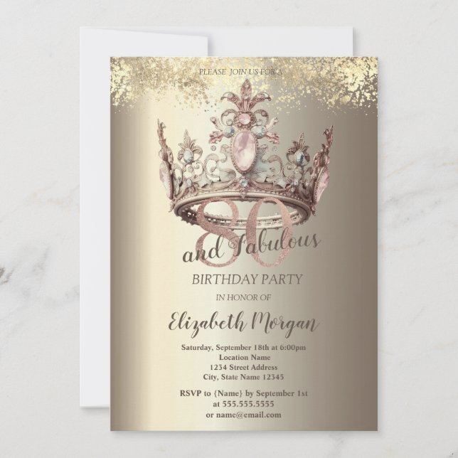 Invitation Luxury Crown Gold Confetti 80e anniversaire (Devant)