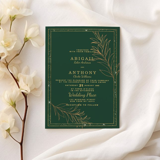 Invitation Luxury dark green gold glitter leaf floral Wedding (Luxury dark green gold glitter leaf floral Wedding)