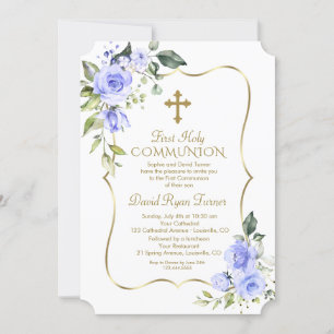 Invitation Luxury Delicate Blue Flowers First Holy Communion