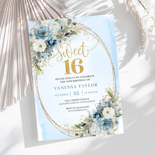 Invitation Luxury Dusty Blue Floral Sweet Sixteen Birthday  (Luxury Dusty Blue Floral Sweet Sixteen Birthday Invite)