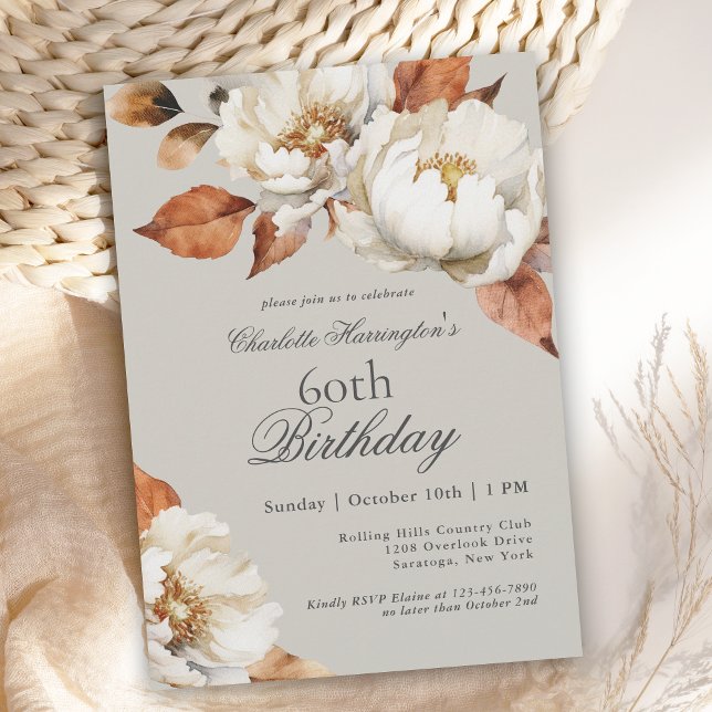 Invitation Luxury Fall Floral 60th Birthday Party (This elegant invitation is available as both printed or digital download for your convenience.)