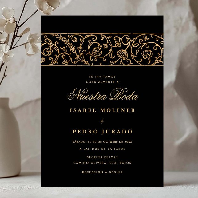 Invitation Luxury Floral Gold & Black Nuestra Boda Wedding (Créateur téléchargé)
