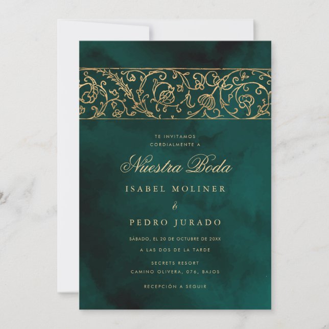 Invitation Luxury Floral Gold & Green Nuestra Boda Wedding (Devant)