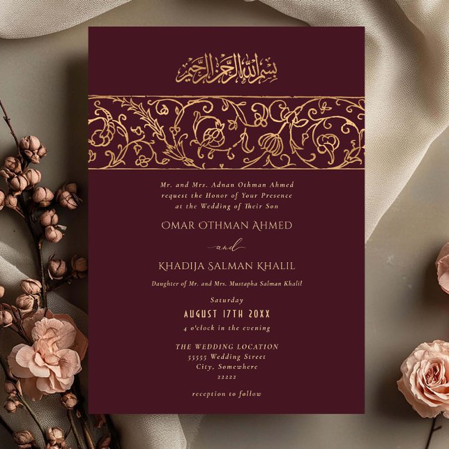 Invitation Luxury Floral Gold Red Maroon Islamic Wedding (Créateur téléchargé)