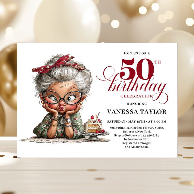 Invitation Luxury Funny Lady 50th Birthday Cartoon Humor  (Luxury Funny Lady 50th Birthday Cartoon Humor Invitation)