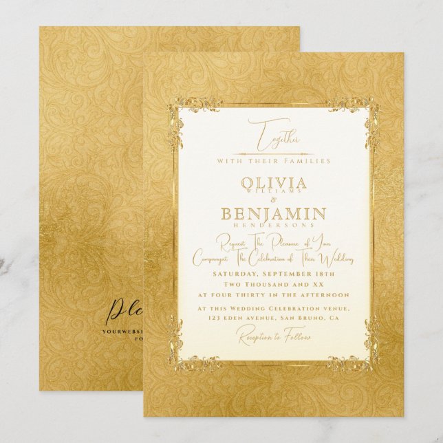 Invitation Luxury Gold Frame florale & Golden texture Mariage (Devant / Derrière)