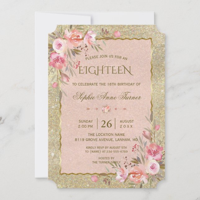 Invitation Luxury Gold Parties scintillant Blush Floral 18e a (Devant)