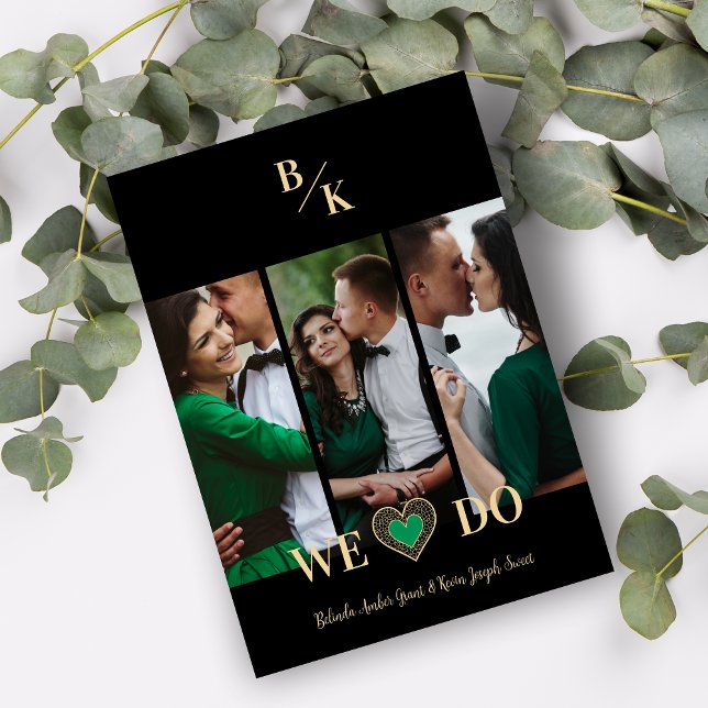 Invitation Luxury Green Heart Lace Gold Effect 3 Multi Photos (Luxury Green Heart Fake Lace Golden Effect Simple Classic 3 Photos Collage Wedding Invitation.)