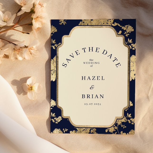 Invitation Luxury ivory navy blue gold floral Save the Date  (Luxury ivory navy blue gold floral Save the Date)