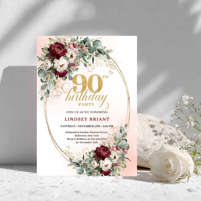 Invitation Luxury Maroon Peonies Eucalyptus 90th Birthday  (Luxury Maroon Peonies Eucalyptus 90th Birthday Invite)