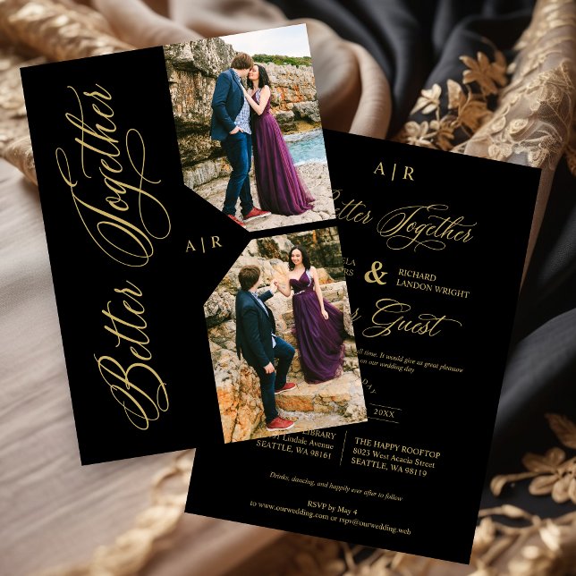 Invitation Luxury Modern 2 Photos Collage Golden Whimsical (Luxury Modern 2 Photos Collage Golden Whimsical Wedding Invitation Card with Envelope.)