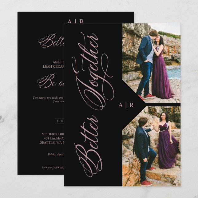 Invitation Luxury Modern 2 Photos Collage Rose Gold Whimsical (Devant / Derrière)