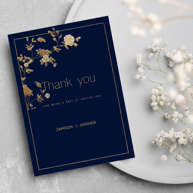 Invitation Luxury modern gold floral navy blue Thank You (Luxury modern gold floral navy blue Thank You )
