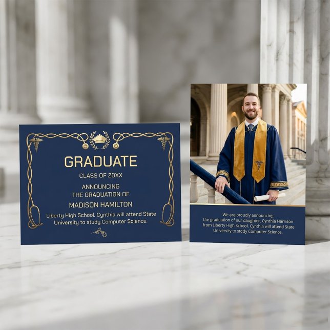 Invitation Luxury Navy & Gold Medical  (#GraduationInvitation
#MedicalGraduation
#DoctorGraduation
#LuxuryInvitation#NavyGoldDesign#Graduate)