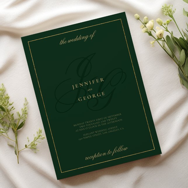 Invitation Luxury or forêt vert monogramme initiales mariage (Luxury gold forest green monogram initials wedding)