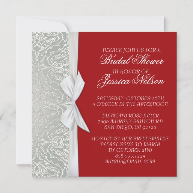 Invitation Luxury Ribbon Silver/Red Damask Douche (Devant)