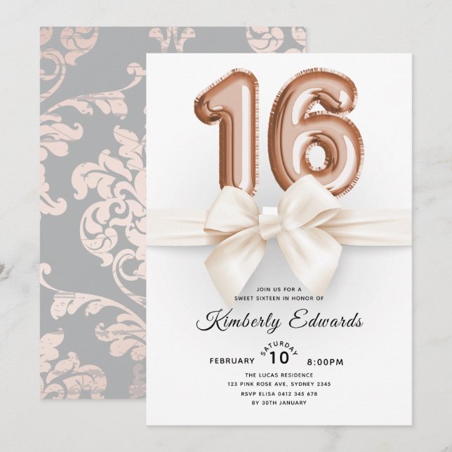 Invitation Luxury Sweet 16 Ballons Roses en or (Devant / Derrière)