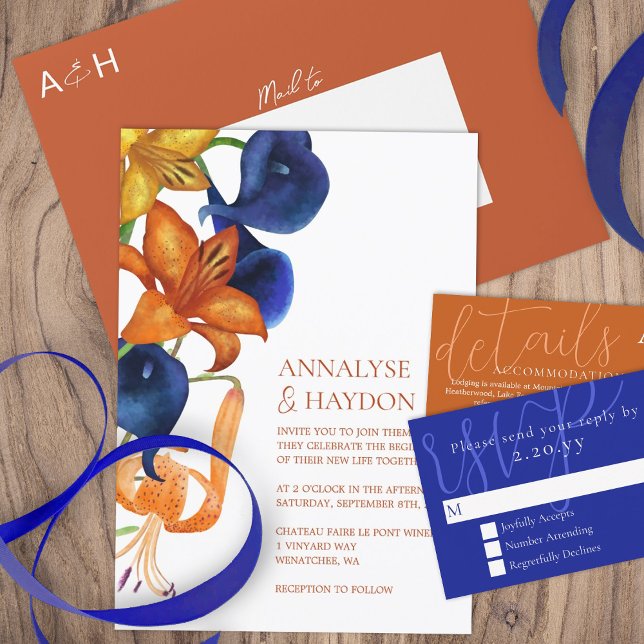 Invitation Lys de tigres orange, Mariage de calla bleu foncé (orange gold royal blue fall floral wedding invitations, tiger lily calla lilies fall season flowers)