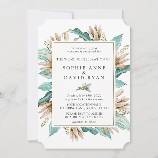 Invitation Lys ivoire Turquoise Fleurs Mariage géométrique (Devant)