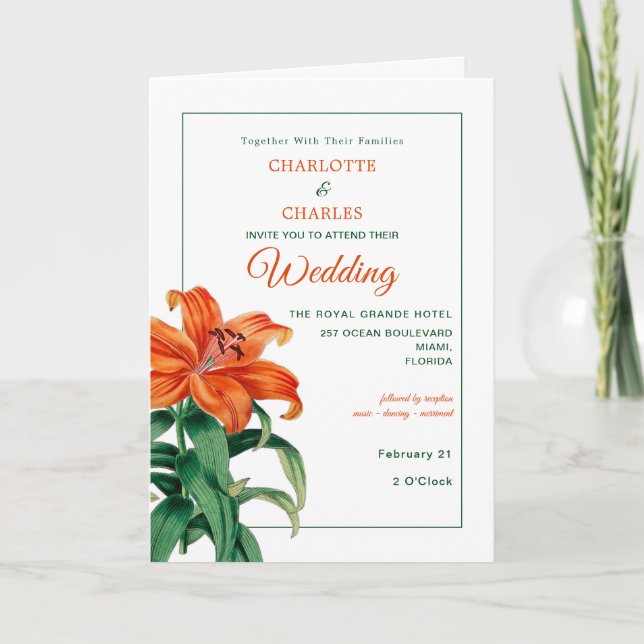 Invitation Lys orange brûlés Mariage floral élégant (Devant)