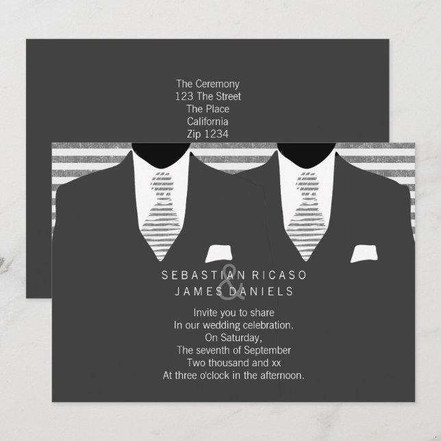 Invitation M. et M. Gray Costume et Cravate Mariage gay (Devant / Derrière)