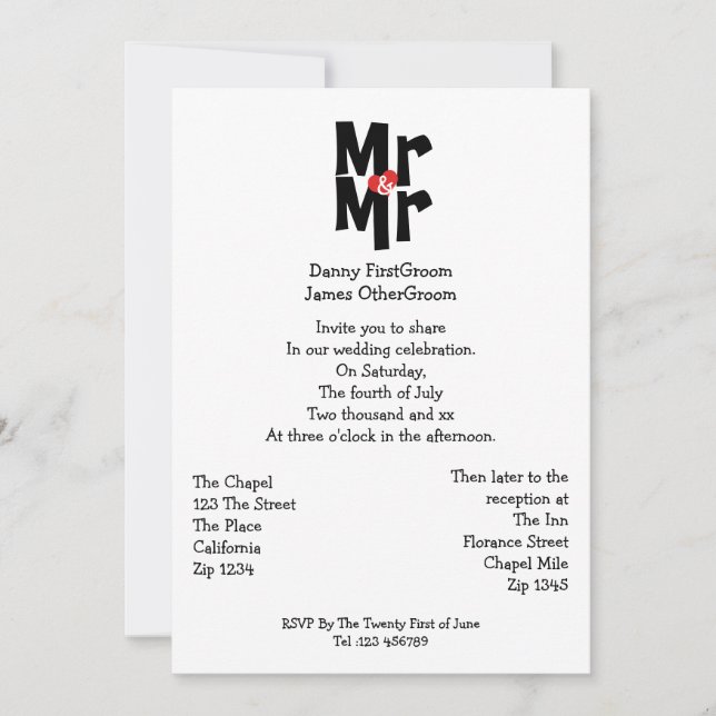 Invitation M. Et M. Modern Bold Mariage gay (Devant)