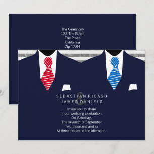 Invitation M. et M. Suit et Cravate Mariage gay (Rouge bleu)