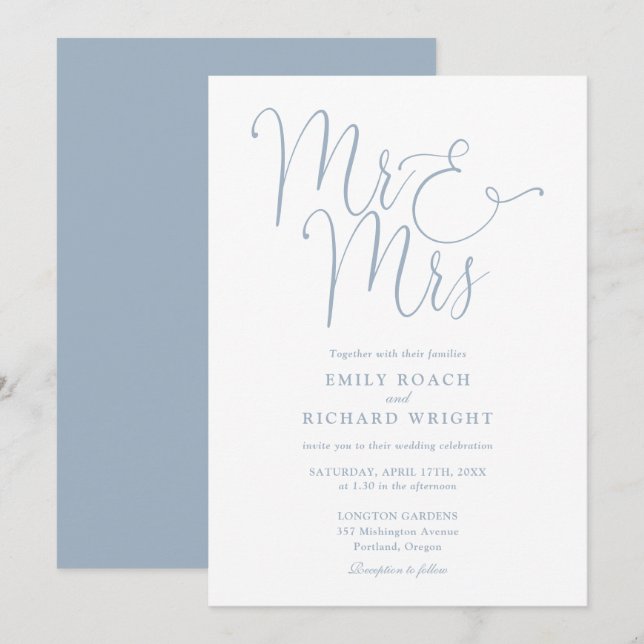 Invitation M. Et Mme Elegant Script Dusty Blue Mariage (Devant / Derrière)