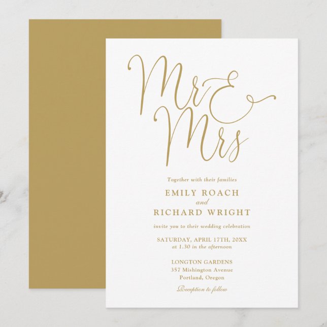 Invitation M. Et Mme Elegant Script Mariage Or (Devant / Derrière)