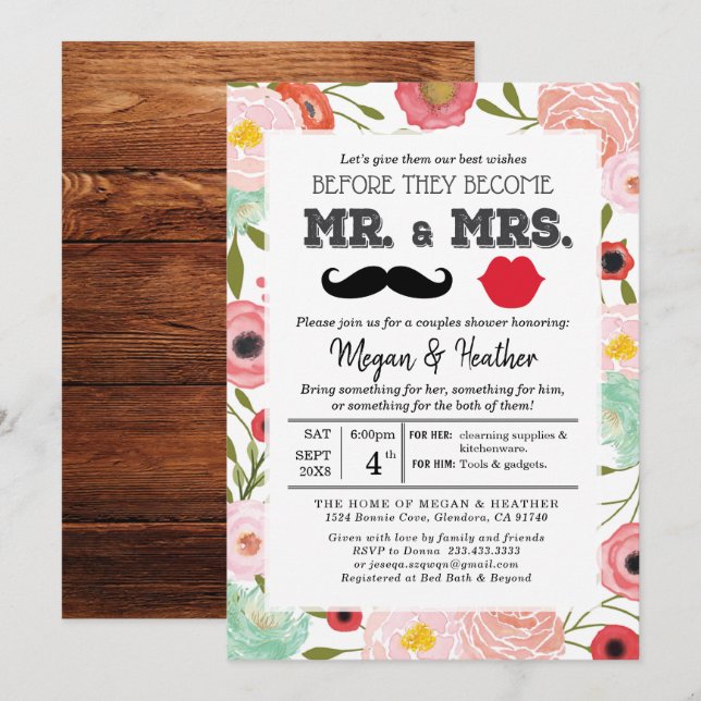 Invitation M. et Mme Fresh Rose Floral Couple Fiançailles Inv (Devant / Derrière)