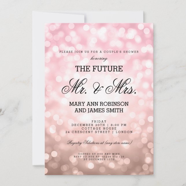 Invitation M. Mme Couples Rose de douche Blush Pink Bokeh Lum (Devant)