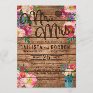 Invitation M. Mme Rustic Rose Floral Wood Mason Jar Mariage