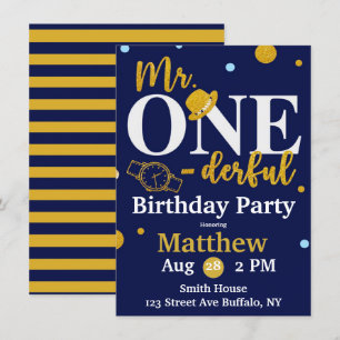 Invitation M. One-derful Navy et Gold Birthday Party Invita