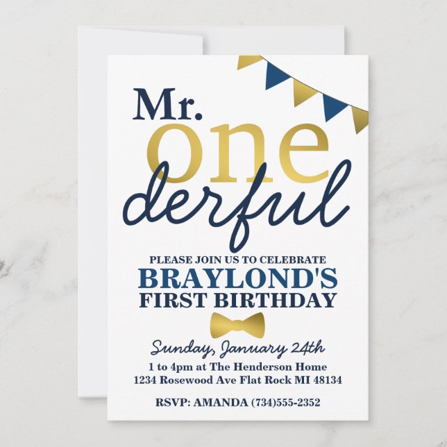 Invitation M. Onederful Blue & Gold 1er anniversaire Invitati (Devant)