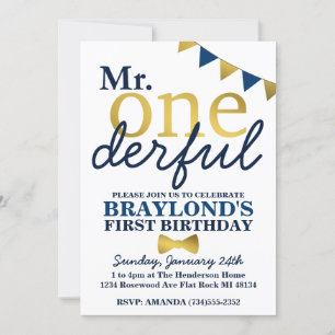 Invitation M. Onederful Blue & Gold 1er anniversaire Invitati