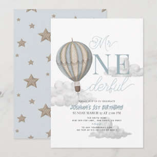Invitation M. Onederful Blue Hot Air Balloon 1er anniversaire