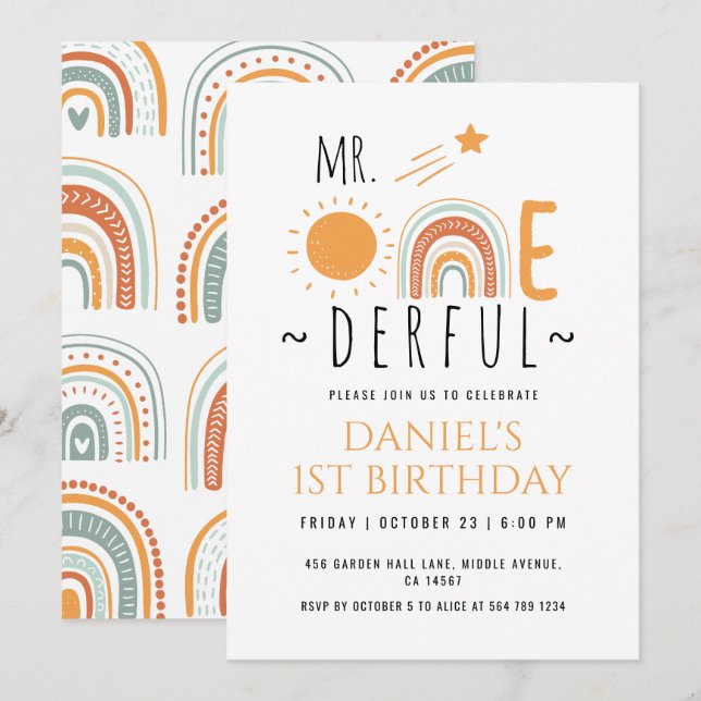 Invitation M. Onederful Boho Arc-en-ciel premier enfant (Devant / Derrière)