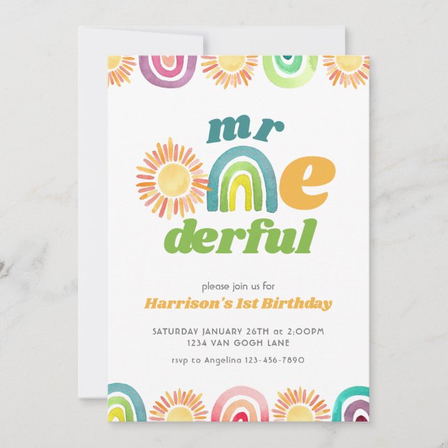 Invitation M. ONEderful Boho Premier anniversaire Arc en ciel (Devant)