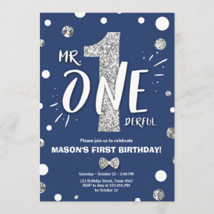 Invitation M. Onederful Boy Royal Blue Silver 1er anniversair