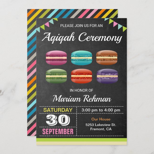 Invitation Macarons doux mignons Aqeeqah | Cérémonie d'Aqiqah (Devant / Derrière)