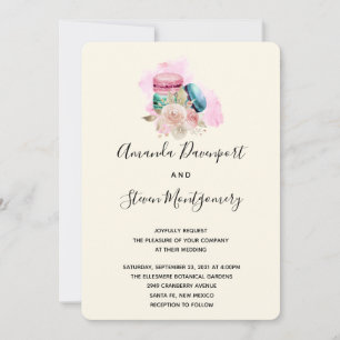 Invitation Macarons et fleurs Mariage d'aquarelle