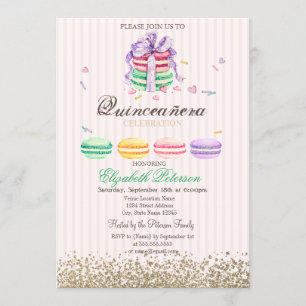 Invitation Macarons Faux Diamants Dorés Rayés Quinceañera