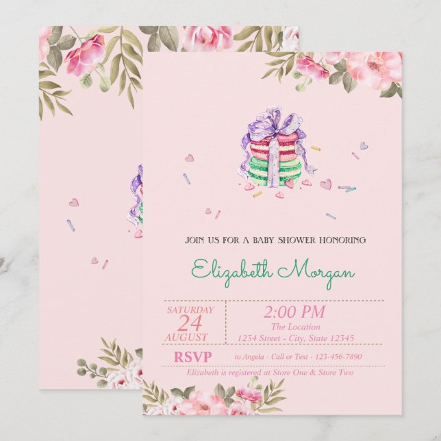 Invitation Macarons français, Baby shower Floral (Devant / Derrière)