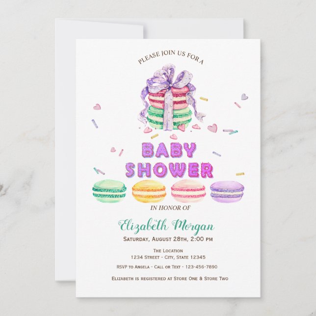 Invitation Macarons français, Baby shower rayé (Devant)