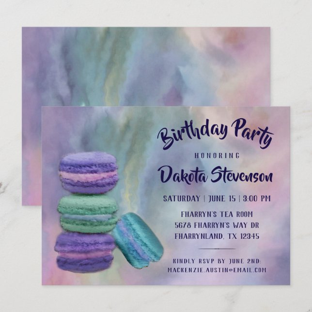 Invitation Macarons géants | French Sweets Pastel Anniversair (Devant / Derrière)
