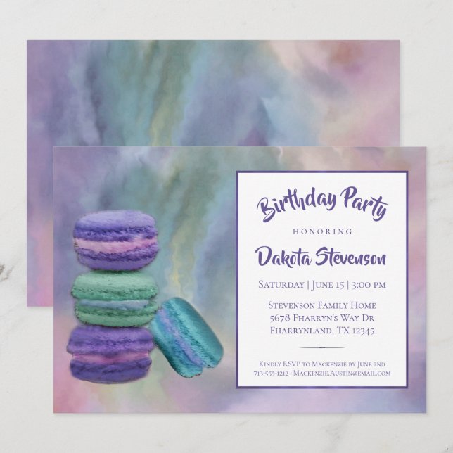 Invitation Macarons géants | French Sweets Pastel Anniversair (Devant / Derrière)