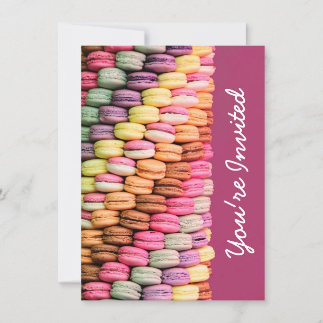 Invitation Macarons mignons et sucrés, fête d'anniversaire ro (Devant)