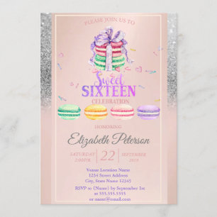 Invitation Macarons Parties scintillant Argent Bokeh Sweet 16