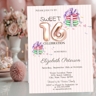 Invitation Macarons Rayures Or Rose Sweet 16